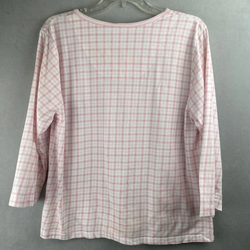 Aria Wmn L Pink White Plaid Button Sleep Shirt Top Floral Pockets Cotton Cottage
